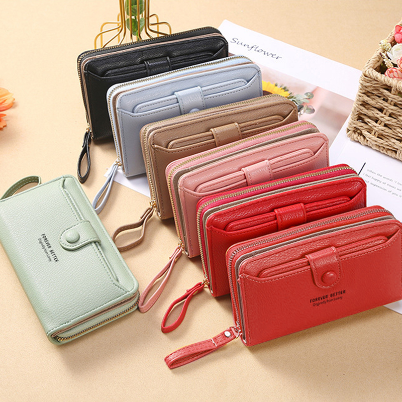 Coin Purse Smooth Zipper Press Button High Capacity Horizontal Multifunction Pocket Storage Delicate Sewing Long Fold Female Clutch Bag For Work_voghion.com