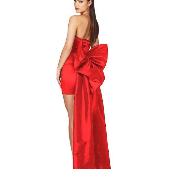 Elegante abito con fiocco sulla schiena – Abito lungo in raso aderente con corsetto in vita (senza spalline, silhouette aderente, S/M/L, nero/rosso/verde/bianco)_voghion.com