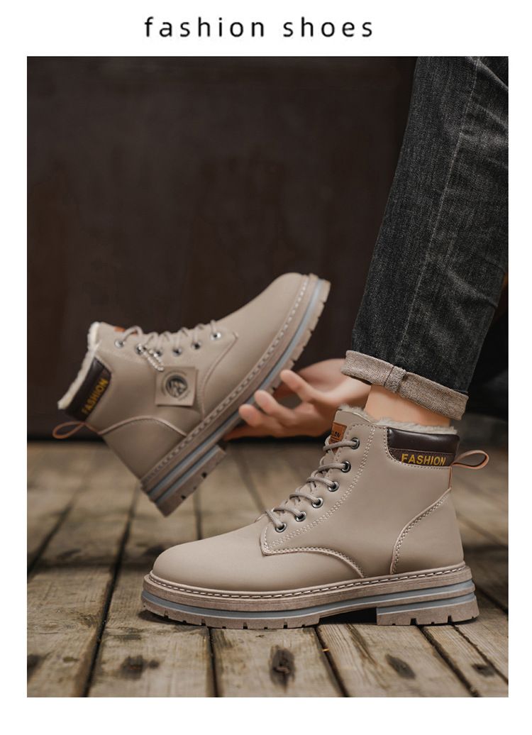 Men's Classic British Style Fleece-Lined Martin Boots - Comfortable Round Toe Casual Shoes For Winter (Khaki, Black, Gray, Green)_voghion.com