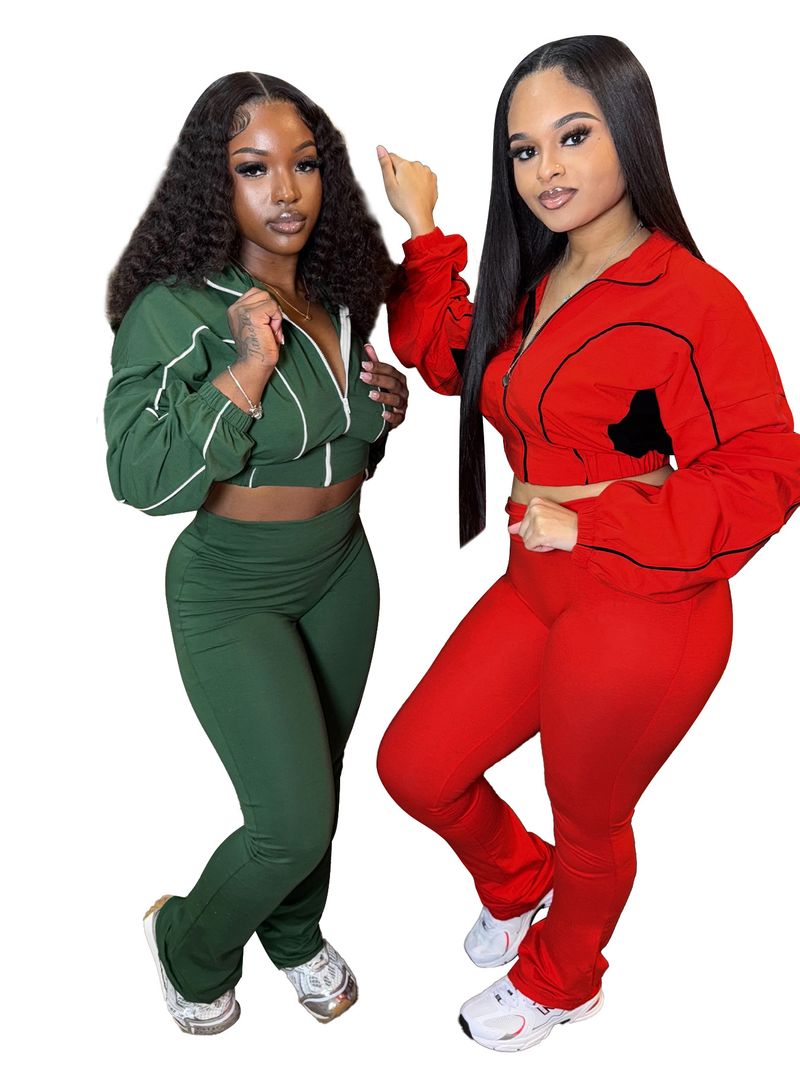 Women's Stylish Two-Tone Contrast Stitching Zip-Front Flared Pants Set – Trendy Office & Casual Outfit_voghion.com