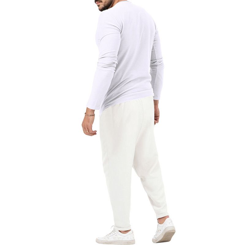 Men's solid color casual long-sleeved Henry T-shirt pantsuit_voghion.com