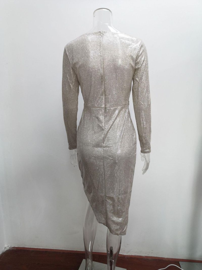 Ženska oblačila, nova vroče žigosana seksi midi krilo z dolgimi rokavi, V-izrez, formalna večerja, slim fit obleka za ženske_voghion.com