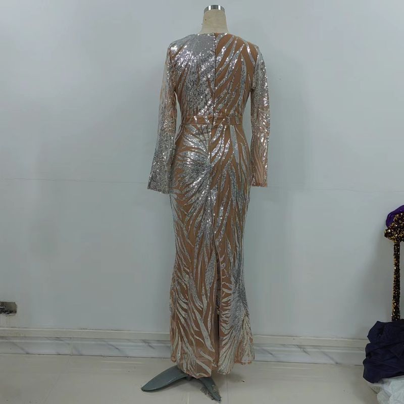 New hot gold long sleeve slim-fit package hip sexy long dress evening gown_voghion.com