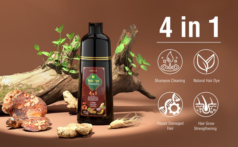 OUKEYA Natürliches Haarfärbeshampoo zur Grauabdeckung – 4-in-1-Formel zum Färben, Pflegen und Stärken mit langanhaltender brauner Farbe (500 ml)_voghion.com