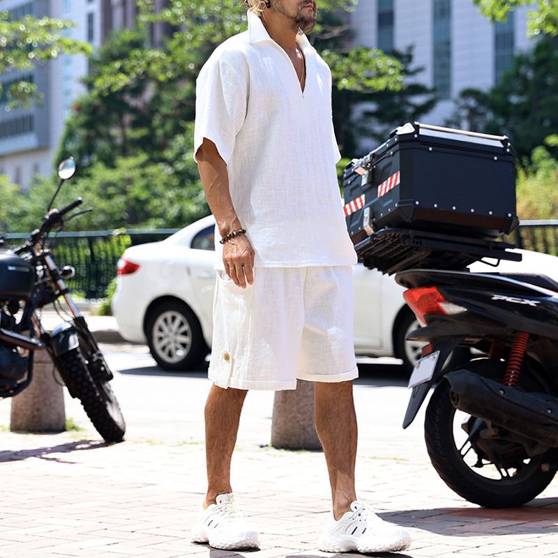 Herrenbekleidung Frühling und Sommer Poloshirt V-Ausschnitt Einfarbig Lässiger Zweiteiliger Anzug_voghion.com