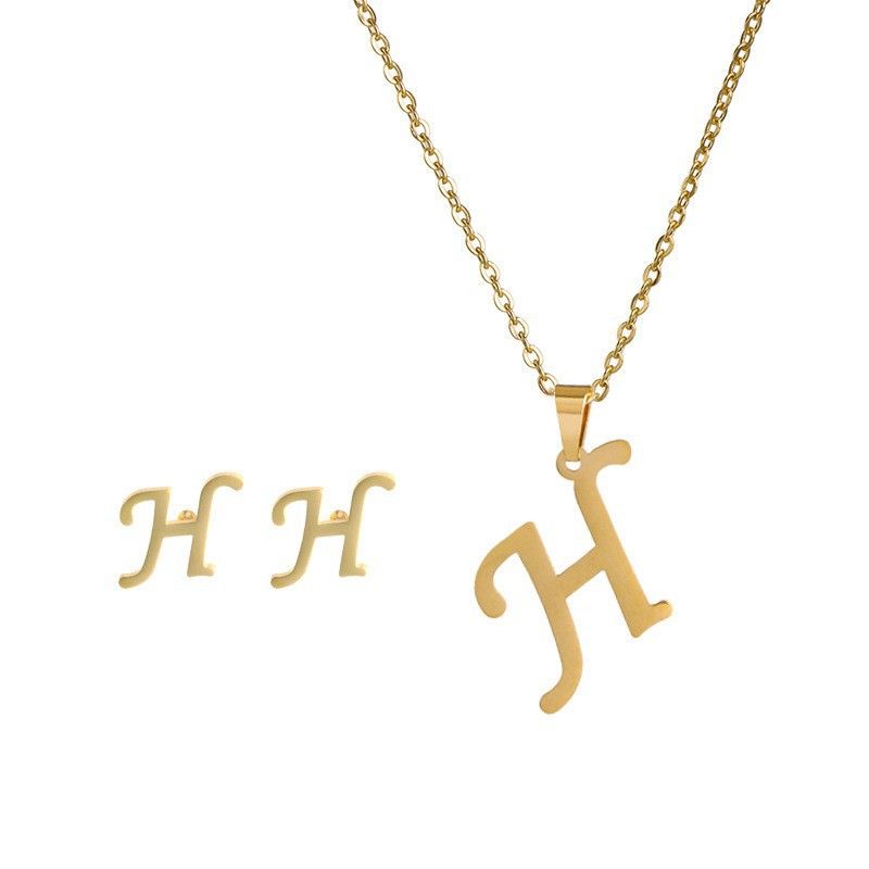 New Trendy Stainless 26 letter English Necklace Earrings Set, Gold Pendant Necklace And Earrings, Stainless Steel Simple Men's And Women's Accessories_voghion.com