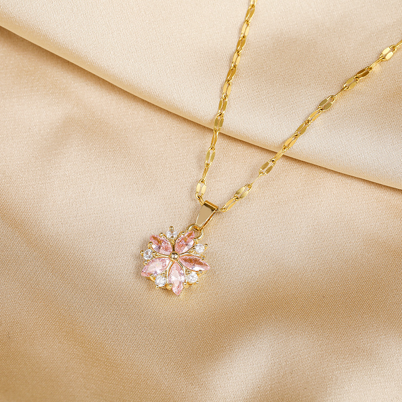 Sweet Zircon Crystal Sakura Pendant Titanium Lock Bone Chain Live Broadcast Women's Stainless Steel Necklace_voghion.com