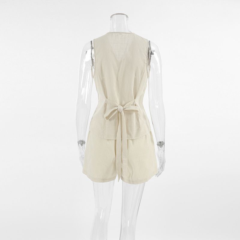 Traje informal de dos piezas de estilo europeo y americano, con cuello en V, sin mangas, de algodón y lino, color caqui francés, 2025_voghion.com