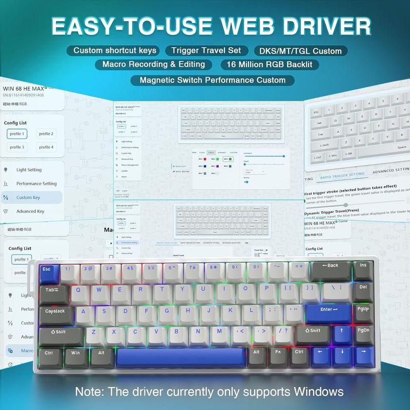 AULA WIN68 HE Mekanik Oyun Klavyesi %60, Hall Etkili Manyetik Anahtar, Hızlı Tetikleme Modu Ayarlanabilir Hareket, 8000 Hz Sorgulama Oranı, RGB Arka Aydınlatmalı Wi_voghion.com