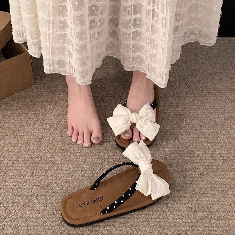 Infradito piatte con fiocco carine per donna, estate 2024, nuovo stile da abbinare a gonne, sandali leggeri e versatili_voghion.com