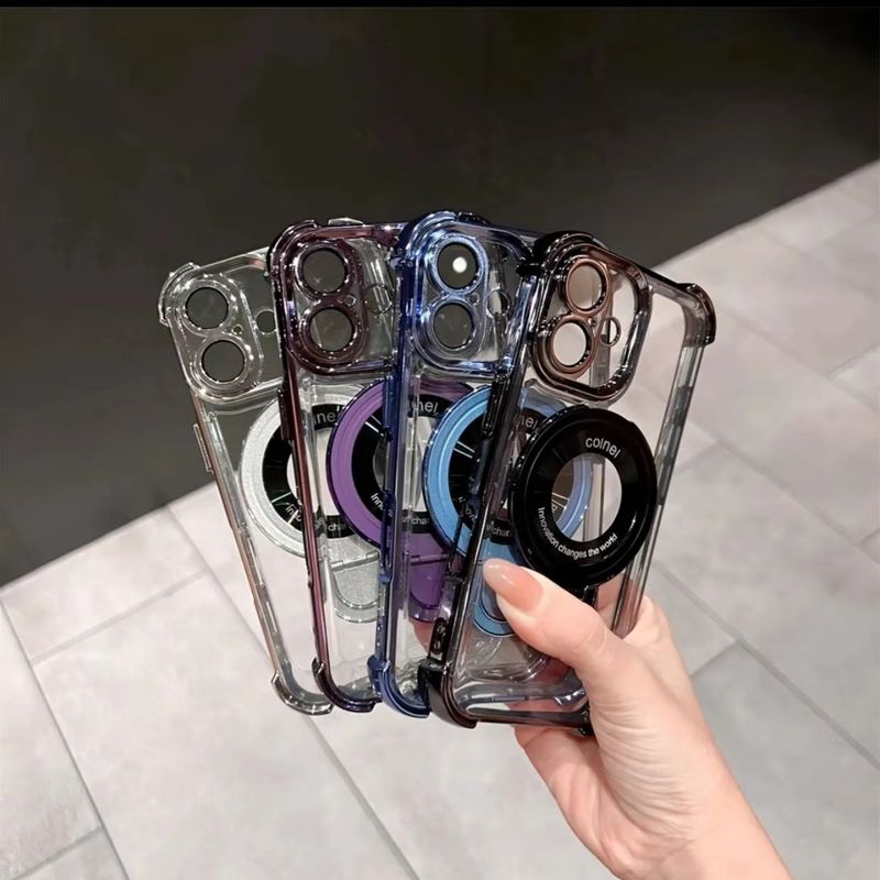 Galwanizowane etui magnetyczne z podstawką do iPhone'a 16 Pro Max/15 Pro - 4-rogowa, odporna na wstrząsy przezroczysta obudowa ze wbudowaną podstawką_voghion.com