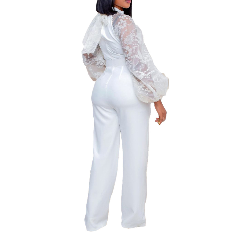 Women's Clothing Free Belt Stand Collar Mesh Lantern Sleeves Slim Large Size Women's African Wide Leg Jumpsuits_voghion.com