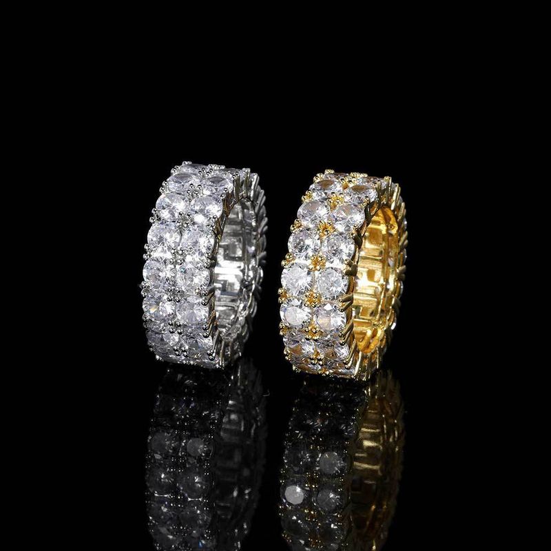 Men And Women's Jewelry Hip Hop Style Double Row Zircon Ring Geometric Design High-Quality Gold Tone Brass Statement Ring For Trendy Outfits_voghion.com