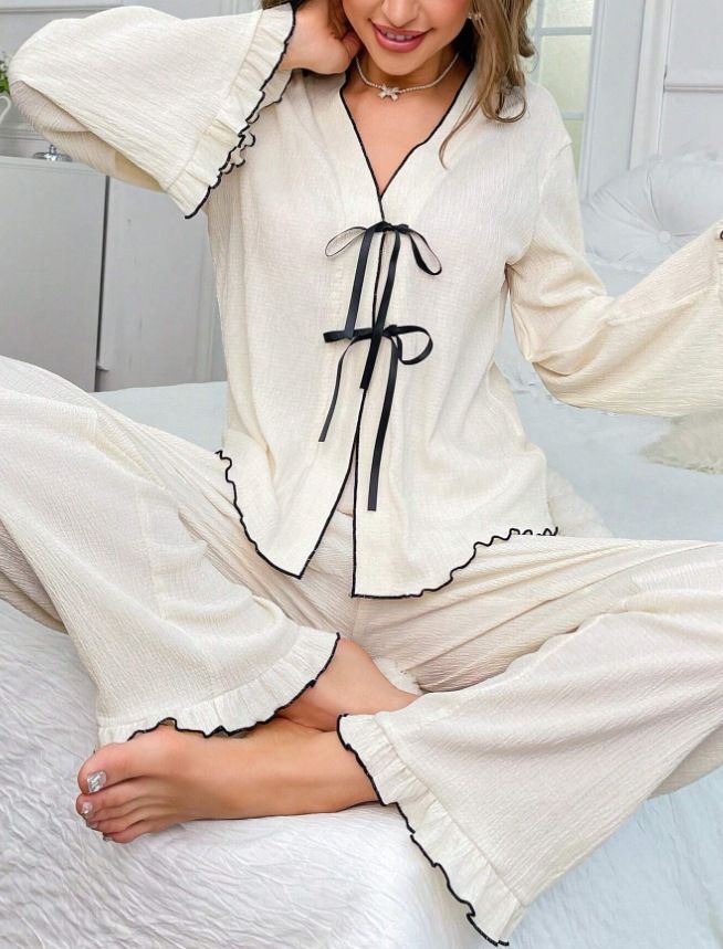 V-neck Lace-up Dense Edge Cardigan Long Sleeve Pants Set Pajamas Loungewear_voghion.com