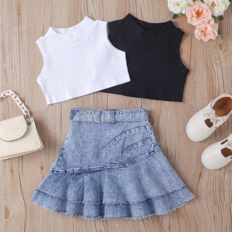 Moeder & Kinderen Kinderkleding Meisjes Effen Kleur Vest Mouwloos Top Denim Open Zak Geplooide Rok Pak_voghion.com