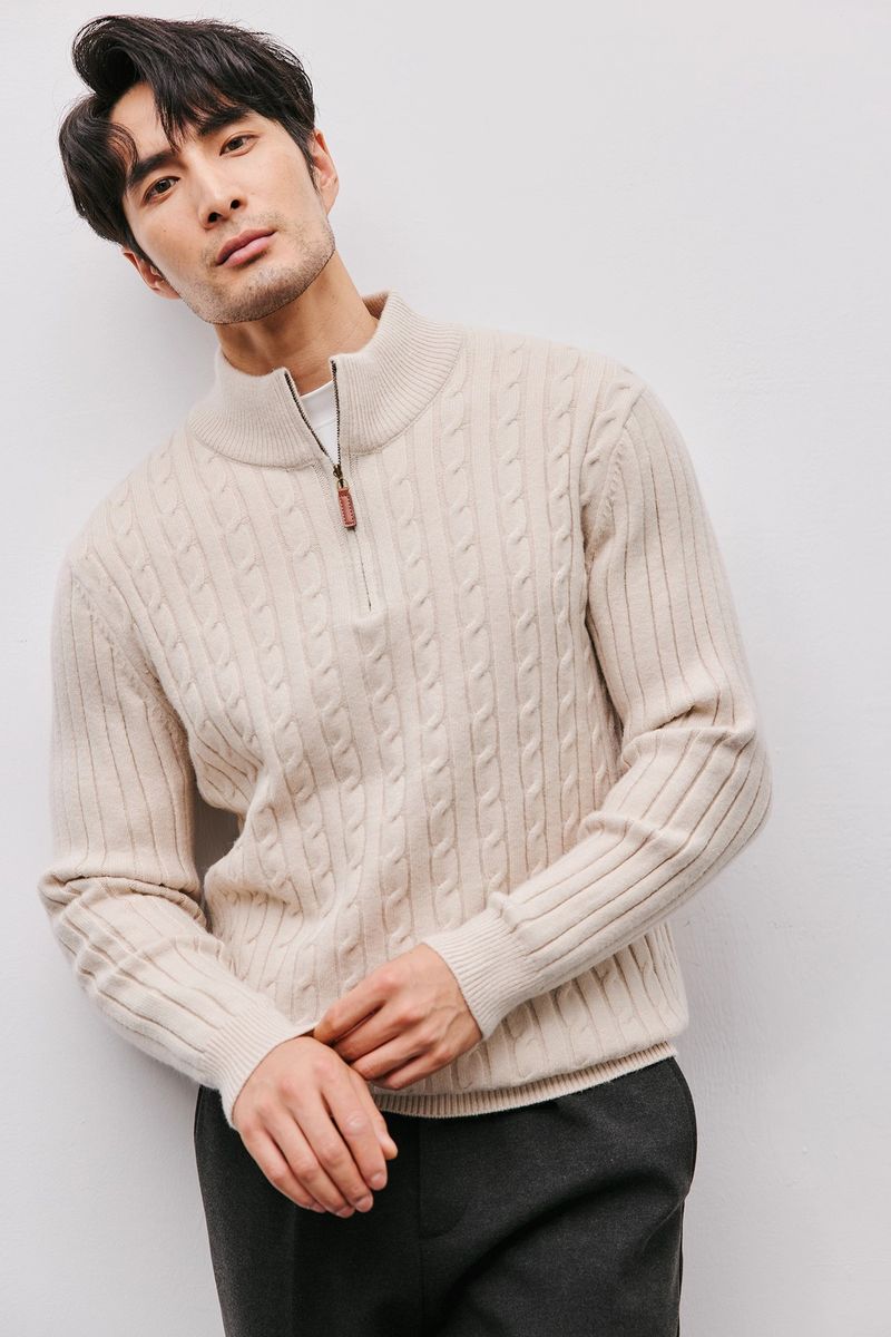 Strickpullover mit halbem Reißverschluss für Herren, Zopfmuster-Stehkragen, Oberbekleidung für Herbst und Winter, leichter Stil, Business Casual_voghion.com