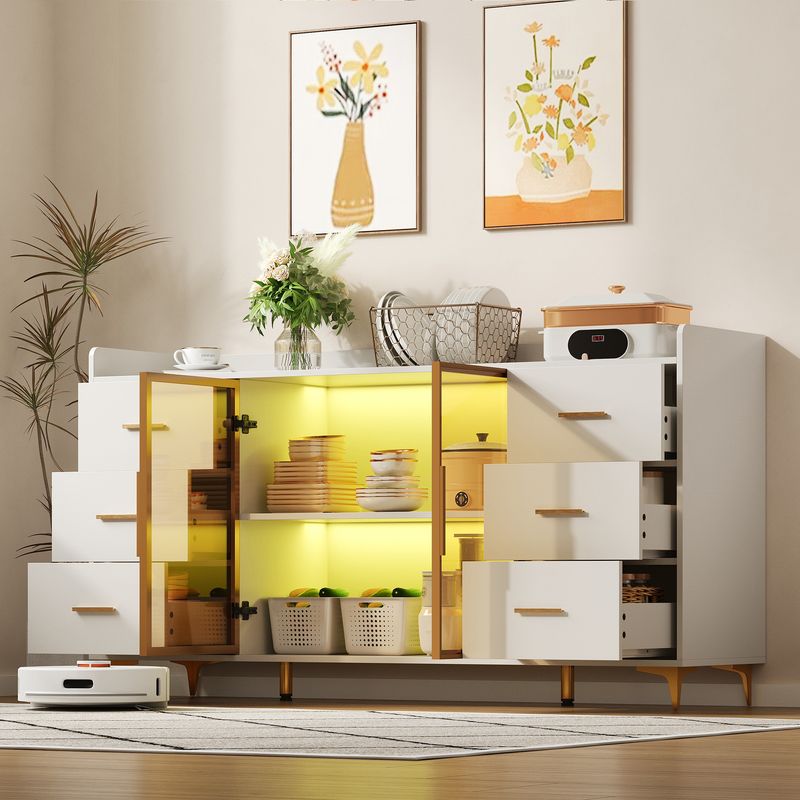 Küchenschrank Weiß 160x87cm, 6 Schubladen, Glastüren, LED-Beleuchtung, Goldgriffe_voghion.com