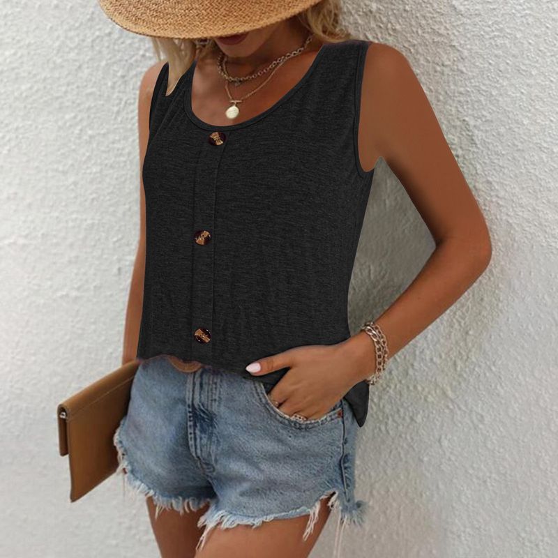 Canotta casual estiva da donna con bottoni - Morbido poliestere elasticizzato, vestibilità slim, scollo tondo, colori a tinta unita (nero, rosa, grigio)_voghion.com