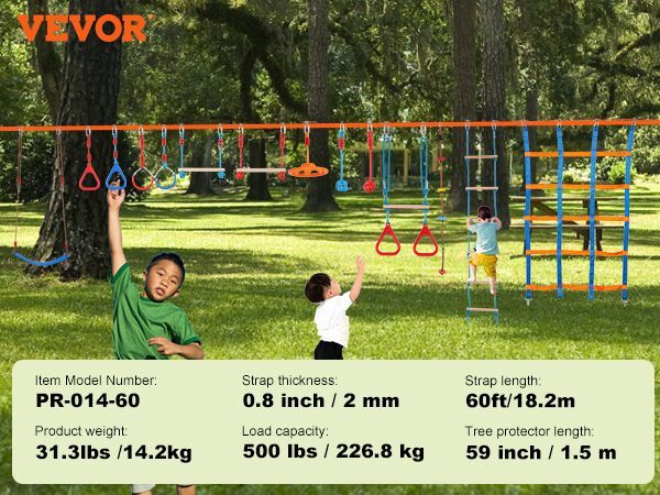 VEVOR Ninja Warrior Obstacle Course For Kids, 2 X 60 Ft Weatherproof Slacklines, 500lbs Weight Capacity Monkey Line, Outdoor Playset Equipment, Backyard Toys Training Equipment Set With 14 Obstacles_voghion.com