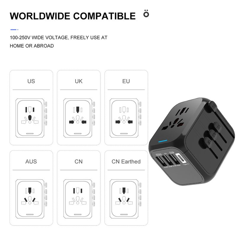 Adattatore universale da viaggio con tre porte USB, una porta di tipo C, presa di corrente, caricabatterie universale per uso domestico, all'aperto_voghion.com