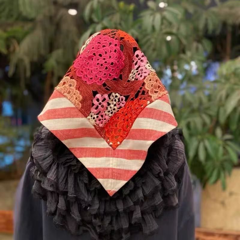 Damen 2025 Neu, Stroh Sommerblumenstickerei, Quadratischer Bandanahut, Dreieckstuch, Sonnenhut_voghion.com