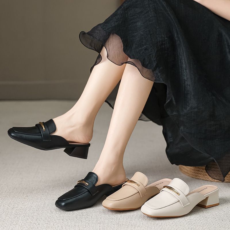 French Style Closed-Toe Mules Women's Fashionable Outdoor Lazy Square-Toe Mid-Heel Chunky Heel Sandals X332-5_voghion.com