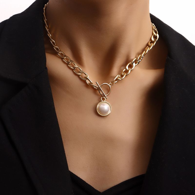 Collana con ciondolo a forma di perla, semplice, con catena cubana spessa e fibbia OT, per donna, stile punk, trendy._voghion.com