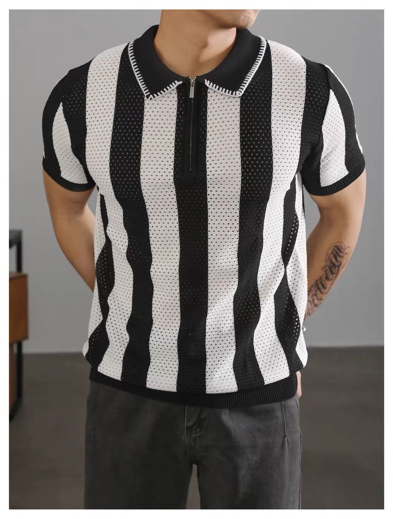 Herrenbekleidung Halbreißverschluss Revers Retro Hohl Gestrickt Gestreift Bottoming Top_voghion.com