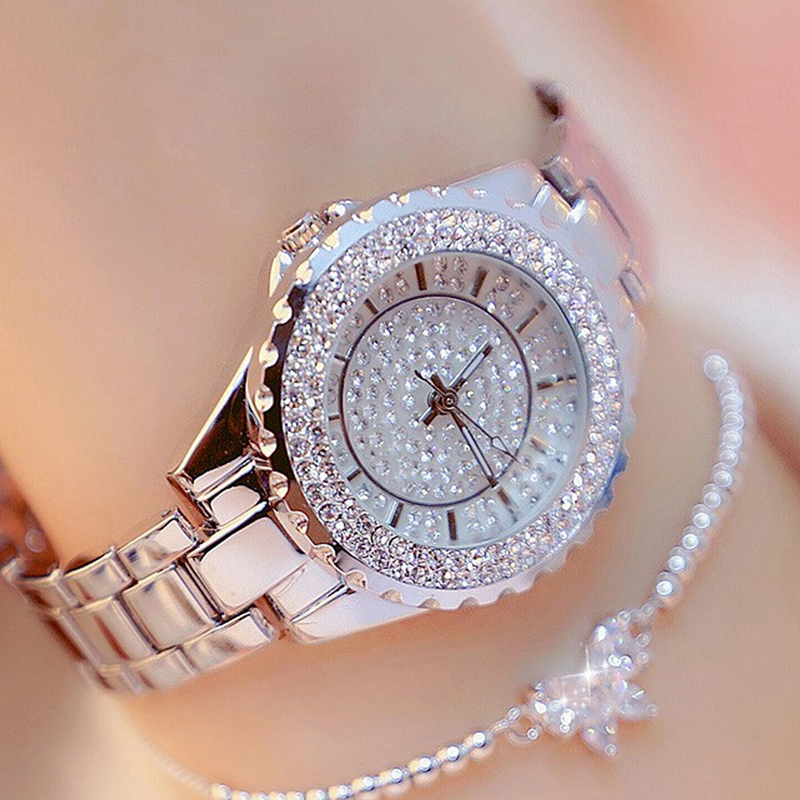 Reloj de mujer con esfera superbrillante y reloj de cuarzo con incrustaciones de diamantes + versátil pulsera de cuentas para mujer con lazo con incrustaciones de diamantes_voghion.com