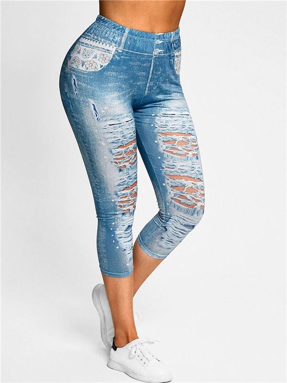 New Imitation Denim High Waist High Elastic Fitness Training Running Yoga Pants_voghion.com