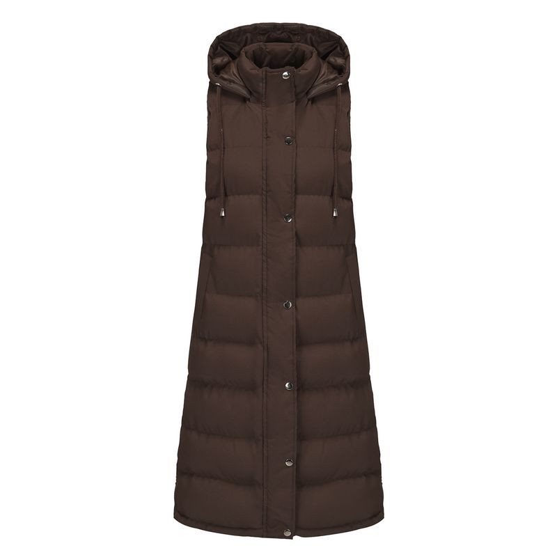 Women's Long Sleeveless Hooded Vest With Zip Front, Quilted Padded Jacket For Winter, Casual Outerwear In Solid Colors_voghion.com