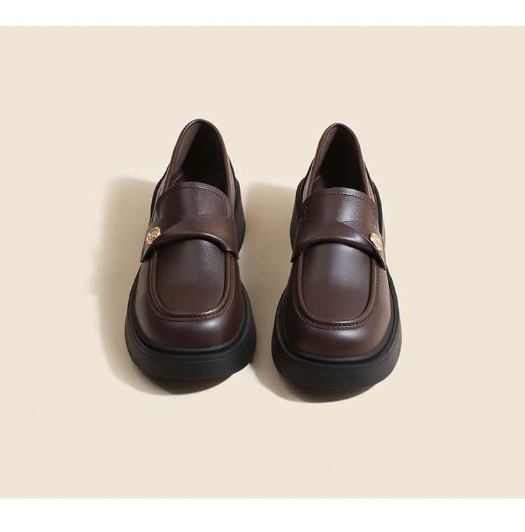 Sheepskin Gold Coin Loafers Women's 2025 Spring & Fall New Arrival Thick Sole Middle Heel Brown British Style Leather_voghion.com