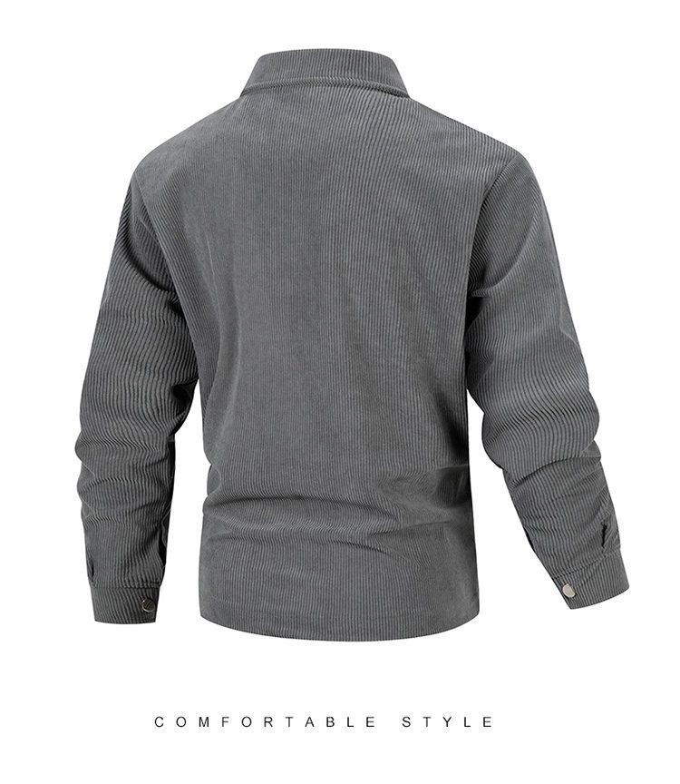 Men’s British-Style Corduroy Jacket – Stand Collar, Polyester Blend, Single-Breasted Casual Coat With Button Accents (Grey/Black/Khaki, XS-XXL)_voghion.com