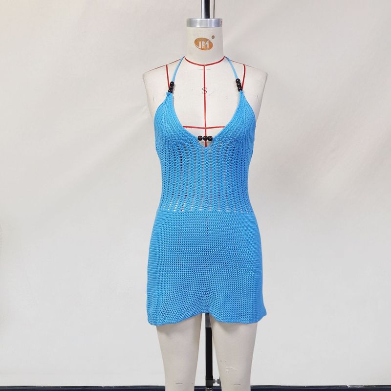 Abito da spiaggia da donna in maglia con scollo a V, sexy, senza schienale, con lacci_voghion.com