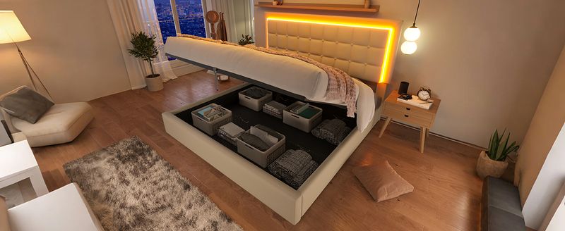 Lit double 140 x 200 cm avec sommier à lattes et rangements, avec bande lumineuse LED, cadre de lit rembourré en similicuir blanc._voghion.com