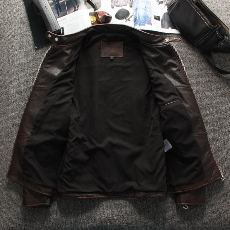 Jaqueta vintage de couro legítimo masculina - Jaqueta de motociclista marrom desgastada com gola alta e fecho de zíper_voghion.com