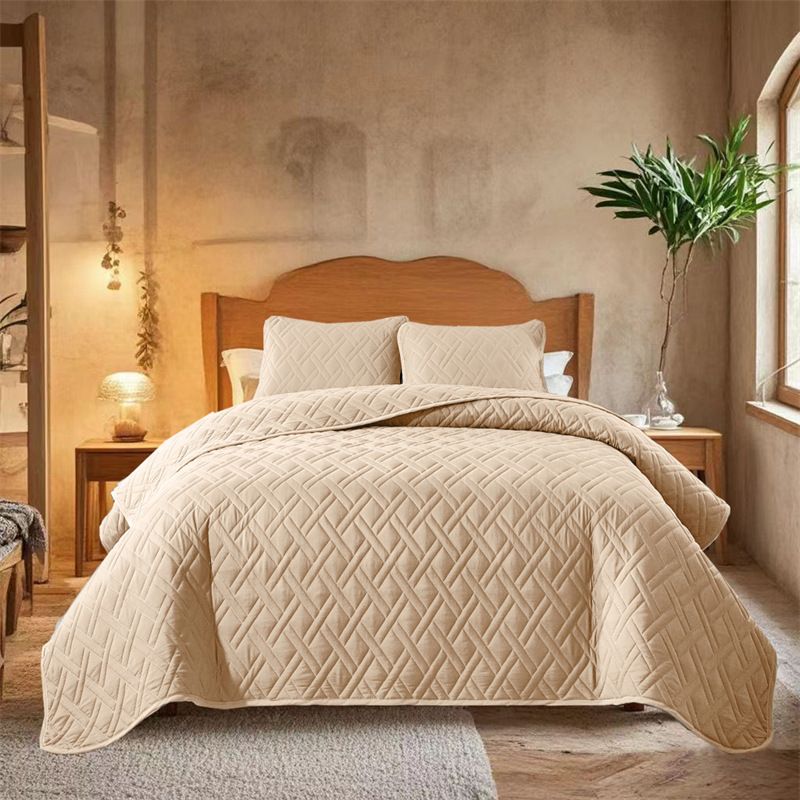 Gestepptes Tagesdeckenset in Leinenoptik – 3-teilig (mit genähtem Gittermuster, Füllung aus Baumwolle, inklusive passender Kissenbezüge, Queen-Size, knitterfrei)_voghion.com