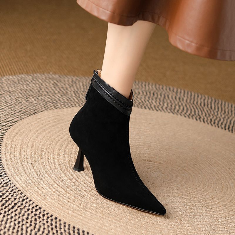Stivali corti con tacco a spillo da donna, in pelle scamosciata, eleganti e semplici, nuovi tacchi alti a punta per autunno e inverno, stile francese_voghion.com