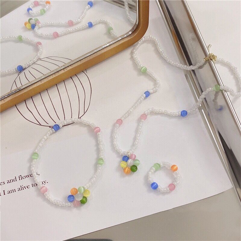 Korean Sen style sweet, simple versatile, and fresh rice bead crystal beads, small flower necklace, bracelet, ring set_voghion.com