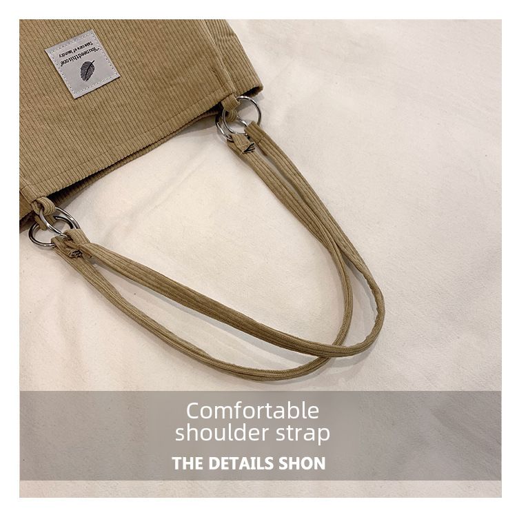 Canvas Bag Women's One-shoulder Korean-style ins Vintage Simple Artistic Corduroy Laid-back Style Large Capacity Portable Shopping Bag_voghion.com