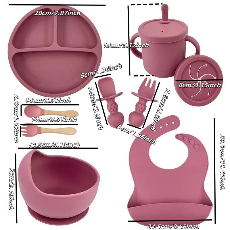 Gıda Sınıfı Silikon Çocuk Yemek Takımı Bebek Mama Kabı Vakumlu Tabak Pipetli Bardak Ahşap Kaşık Çatal Çocuk Sofra Takımı Yürümeye Başlayan Çocuk_voghion.com