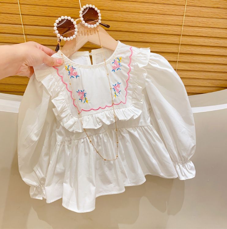 Abbigliamento per bambini Ragazze Colletto in pizzo ricamato Maniche a tromba Maglietta per neonati Jeans con spacchi Set due pezzi_voghion.com