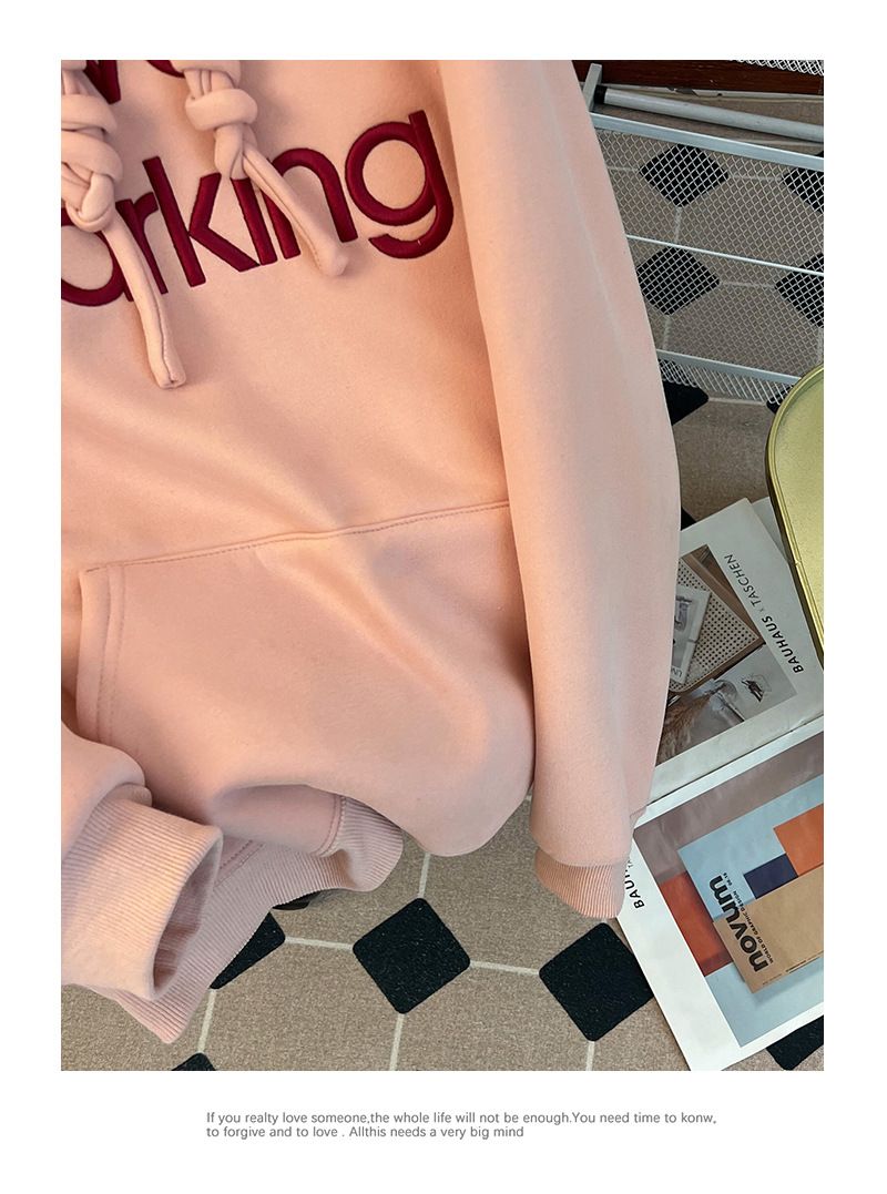 Women's Clothing plush sweatshirt with embroidered flowers for autumn and winter warm tops, thickened and loose large size women's hooded sweatshirt_voghion.com