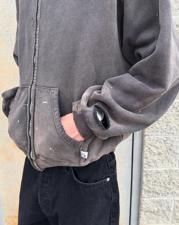 Vintage Washed Hooded Sweatshirt – Unisex Oversized Zip-Up Hoodie, Streetwear Distressed Cotton Blend Pullover With Drop Shoulder (Grey, S-XXL)_voghion.com