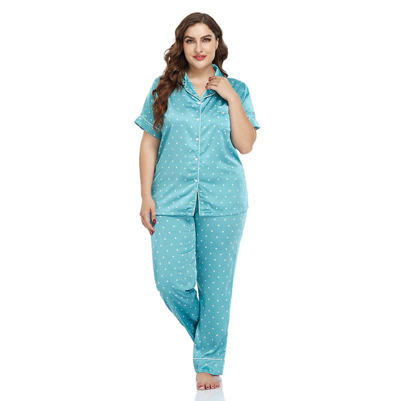Kadın büyük boy buz ipek hırka pijama kadın ev elbise yaka kısa kollu pantolon iki takım_voghion.com