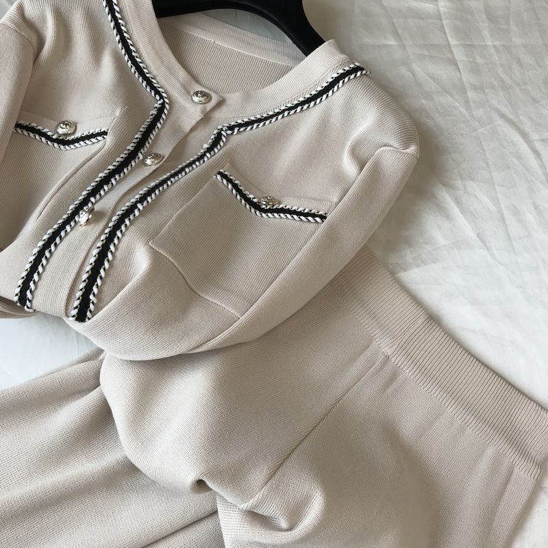 Kadın moda yuvarlak boyun örme hırka üst geniş bacak pantolon iki parçalı set_voghion.com