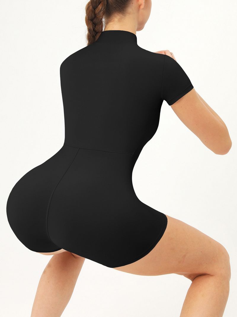 Summer Zipper Short Sleeve Yoga Suit Women Dance Fitness Tight Sports One-Piece Shorts 8294_voghion.com