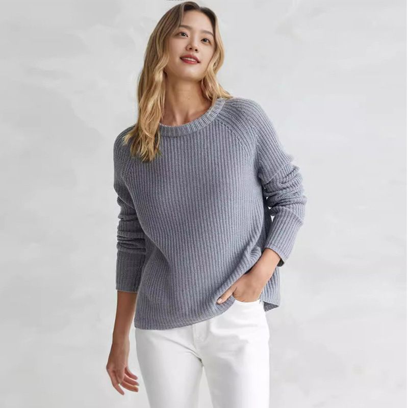 Pull col rond à manches raglan pour femme, tricot chaud et polyvalent, idéal pour l'automne et l'hiver_voghion.com