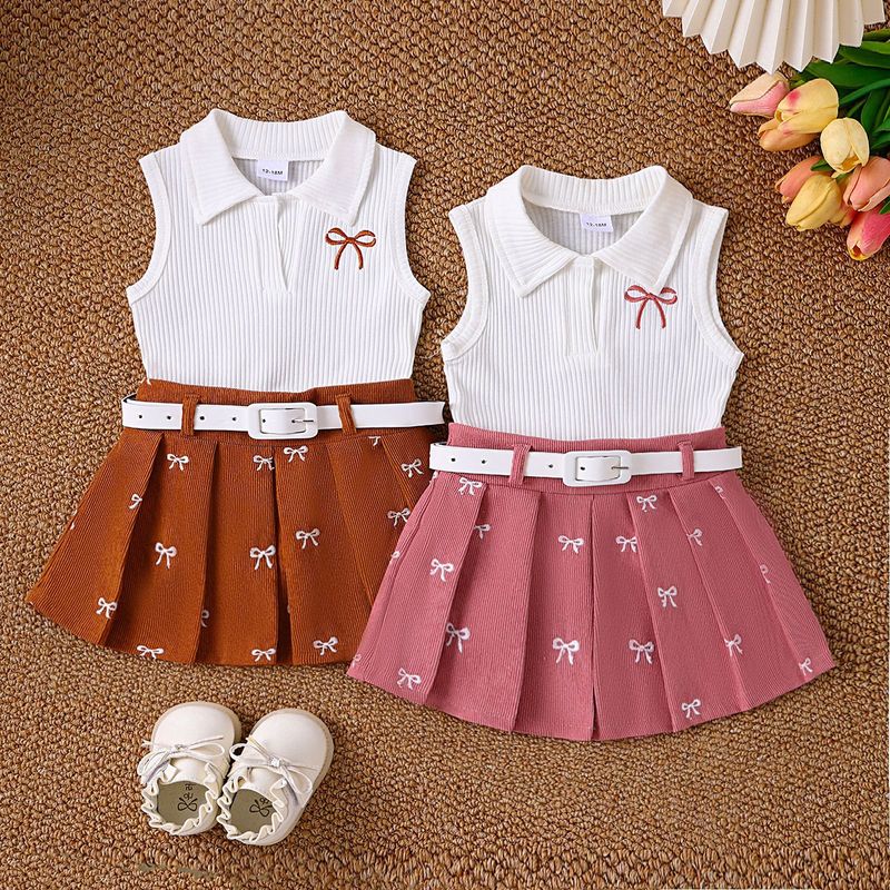 Completo top a righe e gonna stampata per bambine - Bianco sporco e rosa/oro rosa, 12 mesi-5 anni_voghion.com