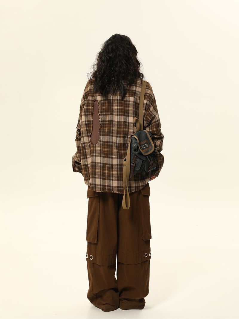 Camicia a quadri a maniche lunghe alla moda in stile americano Wild Azi per donna con design di patch rovinate_voghion.com
